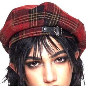 Red Tartan Plaid Banded Lined Adjustable Beret - NWT